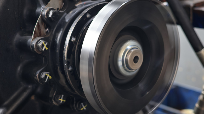 An Allison transmission rotating at high speed during dynamometer testing.