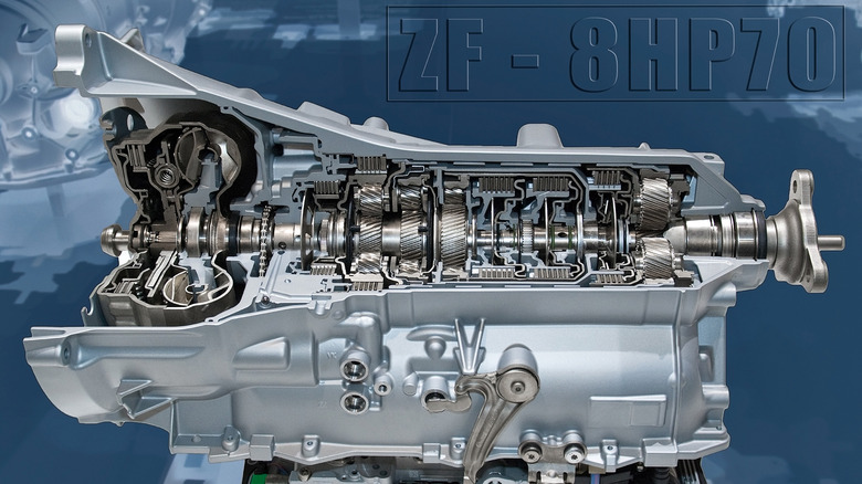 A ZF 8HP 8-speed automatic torque-converter transmission cutaway