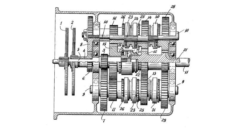 A drawing by Adolphe Kégresse in his patent for the dual clutch transmission