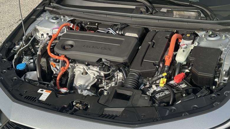 An underhood shot looking at the Accord Hybrid's powertrain