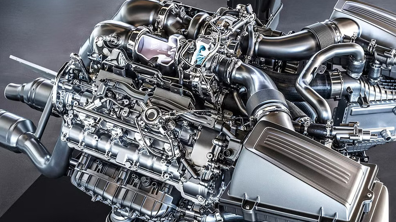 Cutaway photo of the M178 hot vee twin-turbo V8 engine