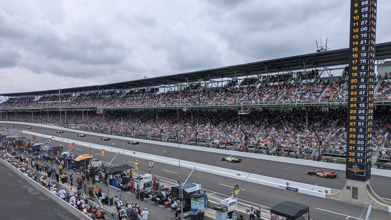 Race cars lined up on the track for the 2026 Indy 500
