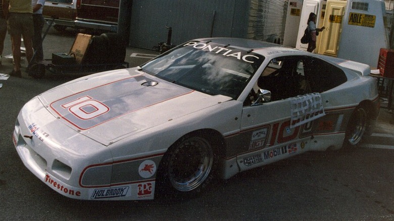 A Pontiac Fiero GTU racing car from the 1987 International Motor Sports Association's GT racing series in Miami, Florida.