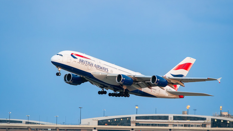 The British Airways Airbus A380 taking off.