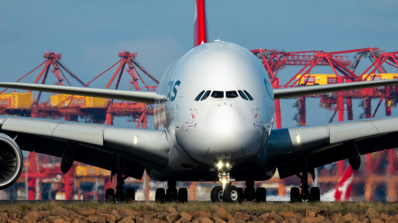 A frontal view of the Airbus A380 on the ground.