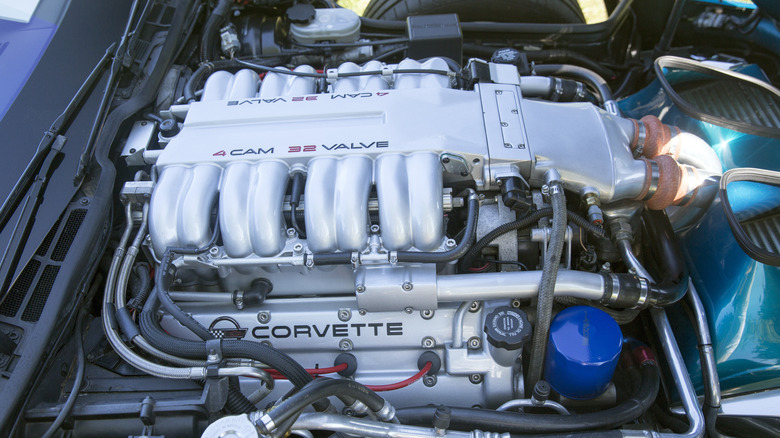 A C4-generation Chevrolet Corvette ZR-1 LT5 5.7-liter V8 that was designed by Lotus and built by MerCruiser, a division of Mercury Marine, sitting under the hood of a 1994 Callaway-modified ZR-1.