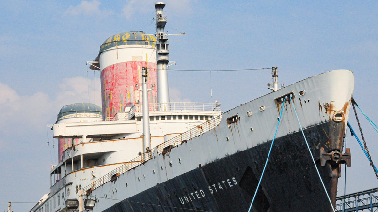 Close-up shot of the SS United States' bow in Philadelphia, Pennsylvania