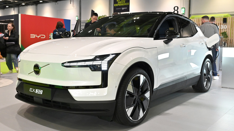 A Volvo EX30 fully electric EV Car is displayed during the Everything Electric London 2024 at ExCel on March 28, 2024 in London, England.