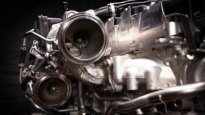 A super close up of the Cat 3 twin turbo Dodge engine.
