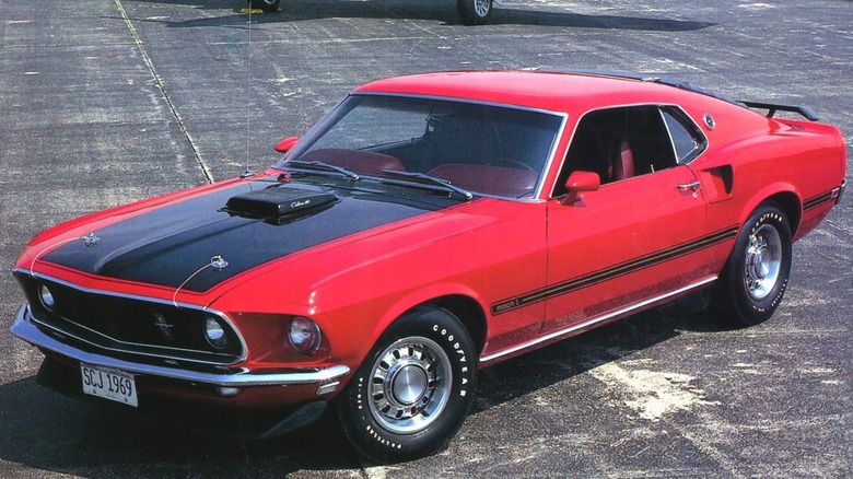 A font-quarter shot of a '69 Ford Mustang Mach 1