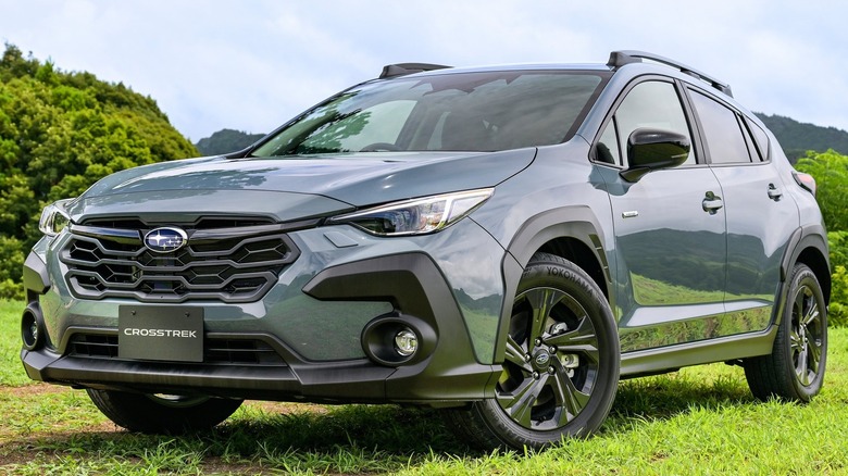A gray Subaru Crosstrek parked on grass in front of trees