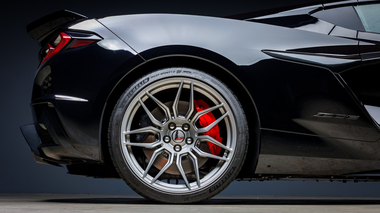 A Michelin tire on a black 2025 Chevrolet Corvette Z06