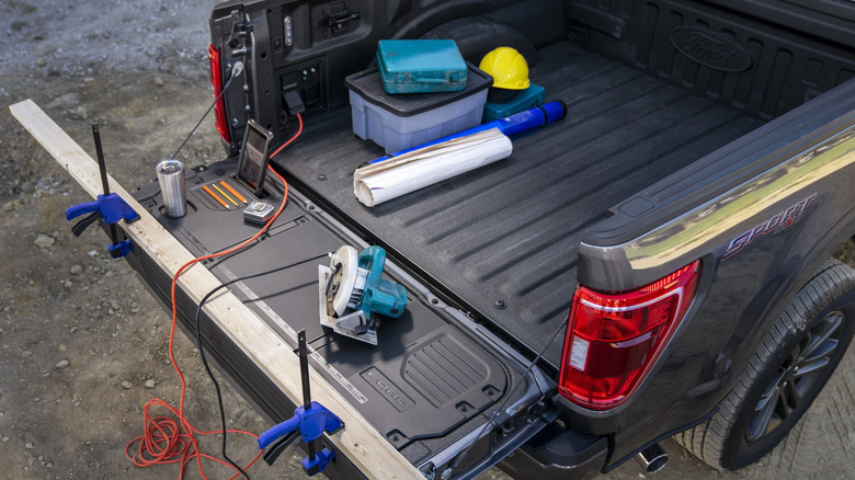 Tailgate work surface of 2021 Ford F-150 showing built-in ruler