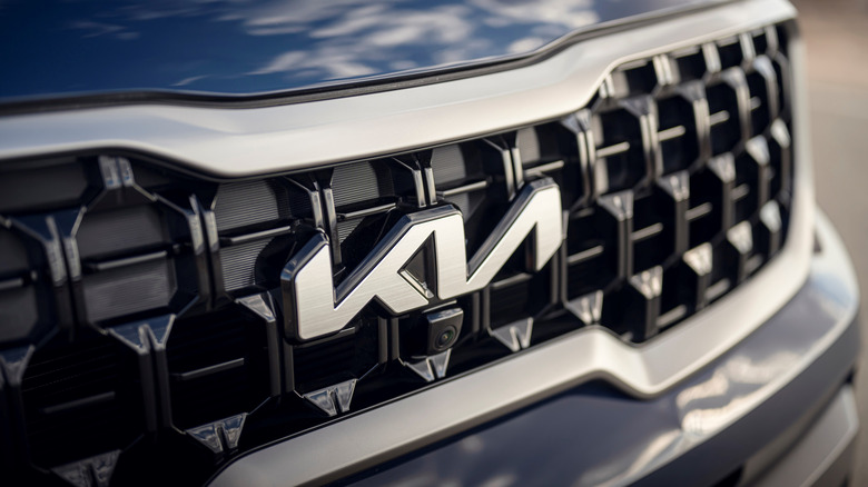 Close-up of the Kia badge on the front of a 2023 Telluride.