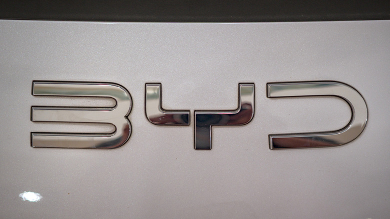 The logo of BYD is seen in one of their vehicles on display at a mall on April 07, 2026 in Singapore