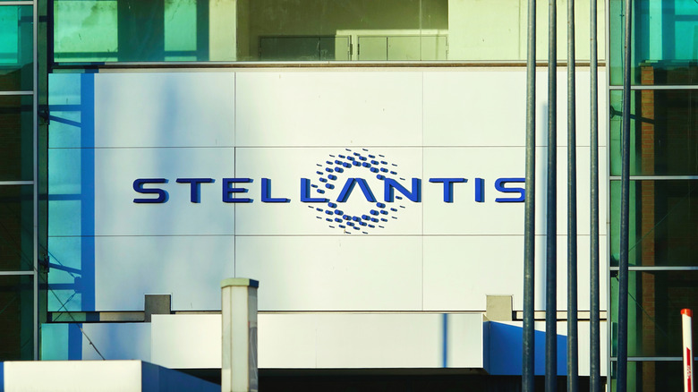 The Stellantis logo at the entrance to the Mirafiori factory in Turin, Italy.