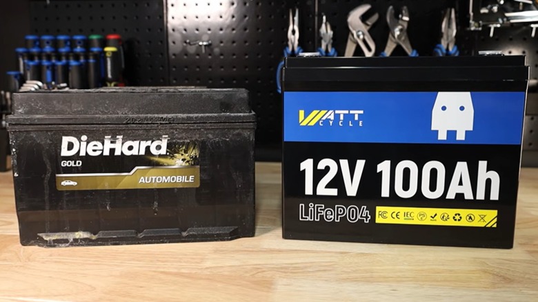 Lead acid car battery next to lithium battery