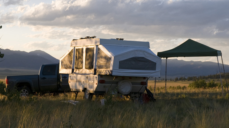 A pop-up camper at sunset in Colorado