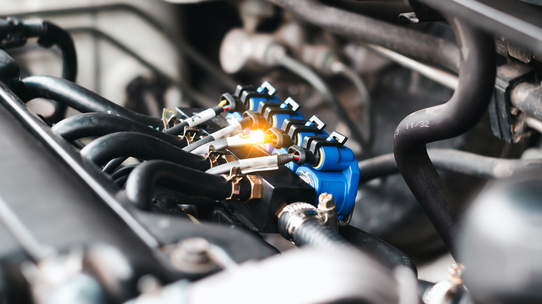 A fuel injection system in an engine compartment.