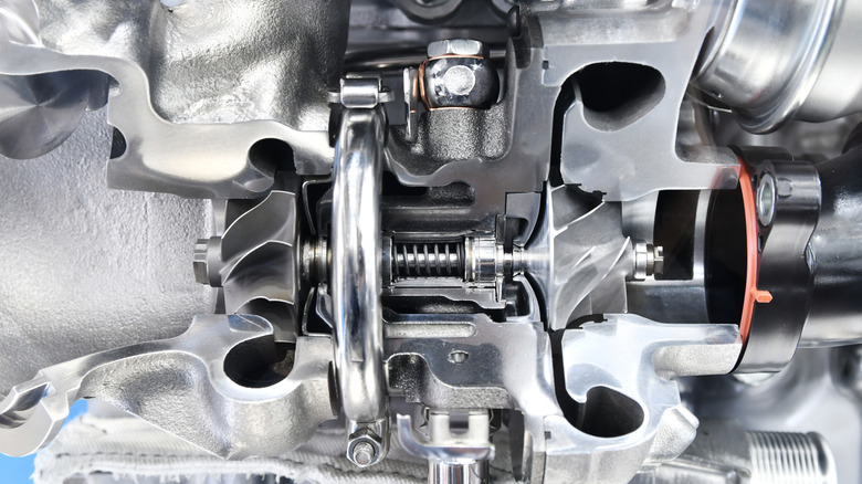 Cutaway model of an automobile engine turbocharger
