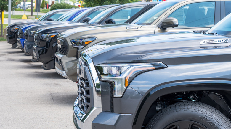 New Toyota trucks at a dealership lot