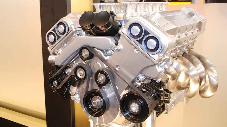 The Lexus LFA V10 engine sits on a stand.