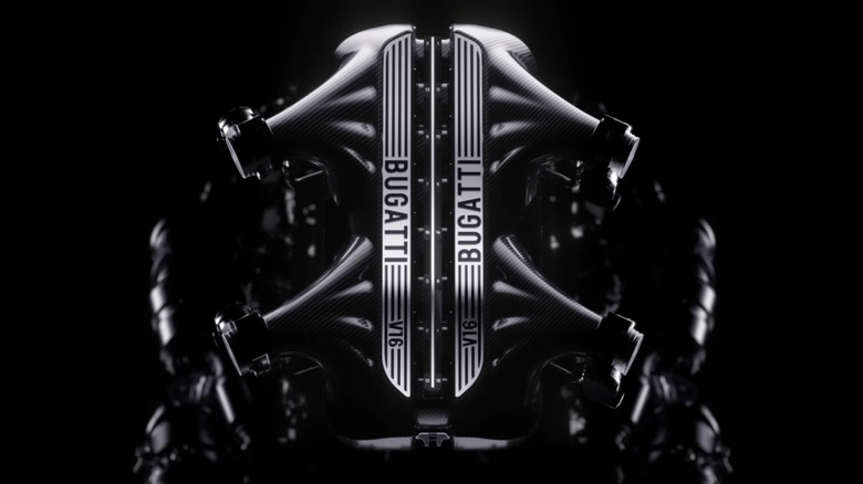 The Bugatti Tourbillon V16 engine against a black background