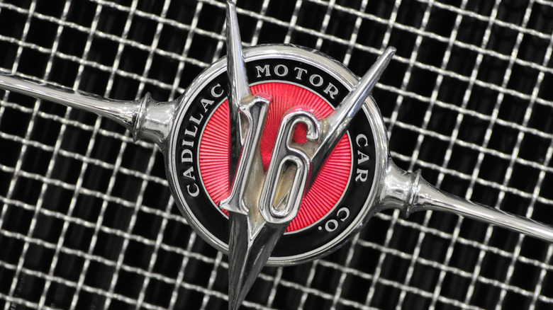 A closeup of the 1930 Cadillac V16 logo