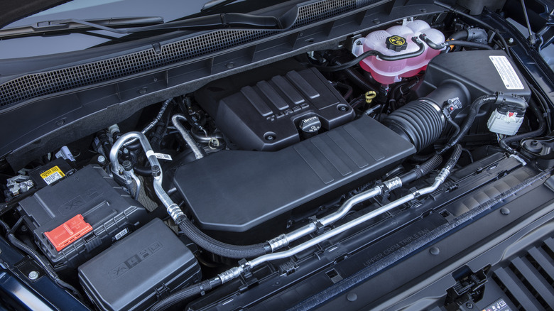 A turbocharged four-cylinder engine in a 2019 Chevrolet Silverado 1500.
