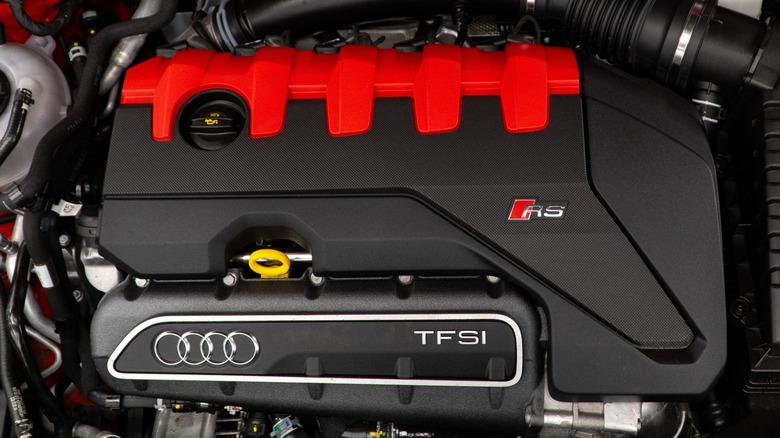 A closeup of the inline five-cylinder engine in an Audi TT RS