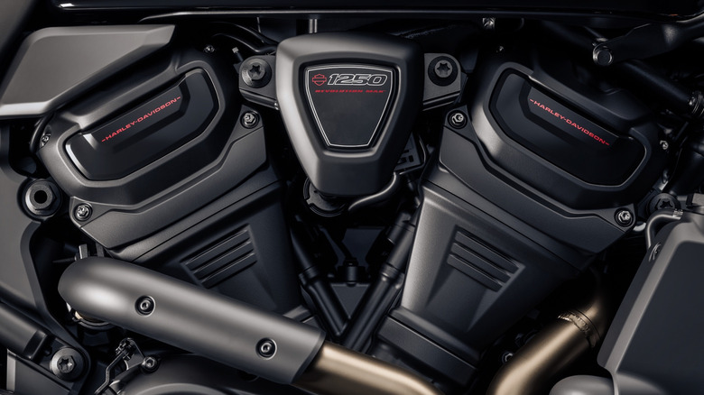 A side view of a Harley-Davidson liquid-cooled V-twin motorcycle engine.