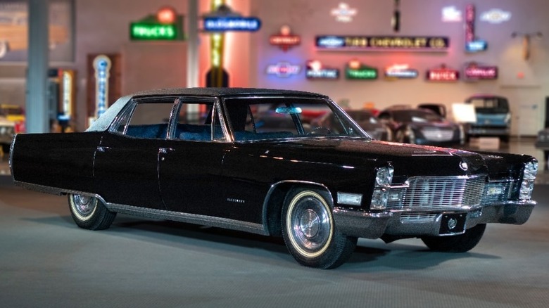 Black 1968 Cadillac Fleetwood Brougham in heritage display