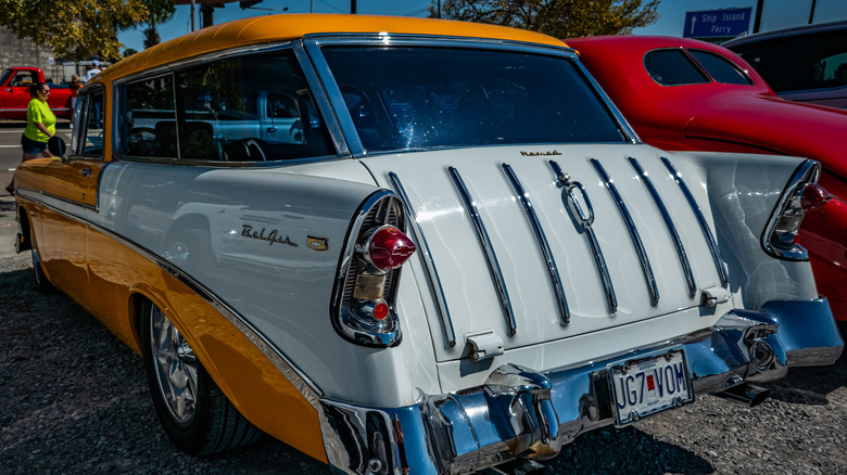 Rear shot of an orange and white Chevrolet Bel Air Nomad