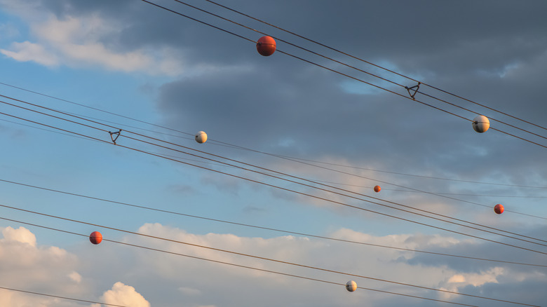 Red and white aviation marker balls on a series of power lines and telecommunications cables