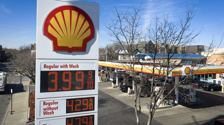 n aerial view shows a sign displaying prices for gasoline at a station on March 02, 2026 in Chicago, Illinois.