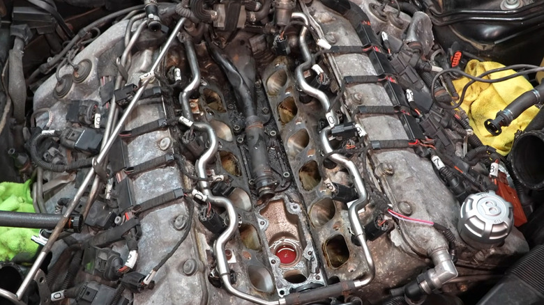 A Bentley W12 with its intake manifold removed.