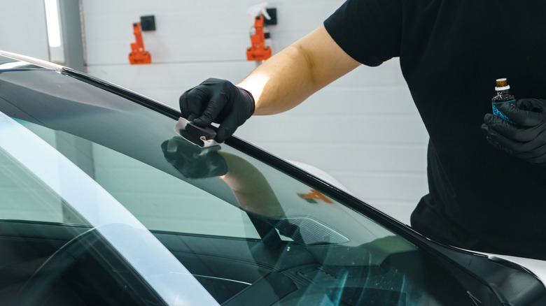 Person applying ceramic coating to windshield