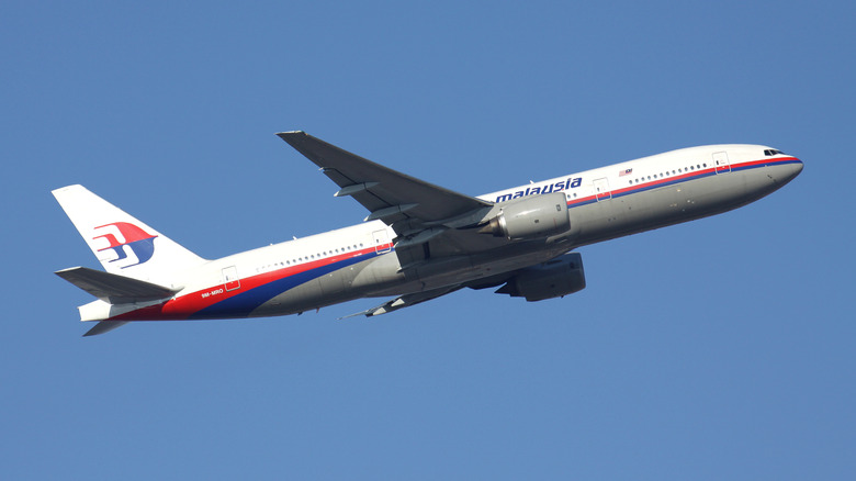 February 4, 2012: Malaysia Airlines Boeing 777-200 with registration 9M-MRO airborne at Frankfurt Airport. This aircraft disappeared on flight MH370 on 8 March 2014.