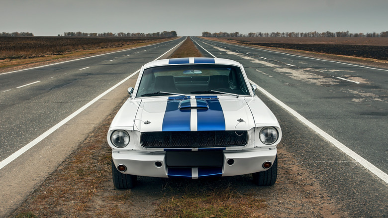 An old Shelby GT350 painted blue and white, parked on the median between two opposing directions of an interstate highway.