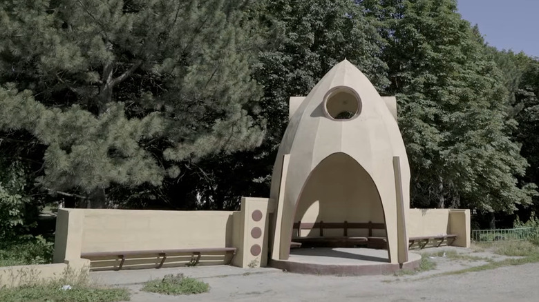 Bus station shaped like a rocket-ship.