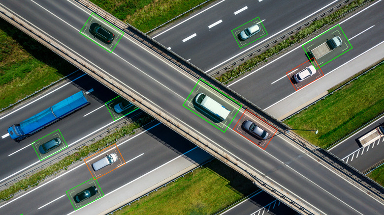 Aerial view of a highway with a smart road system.