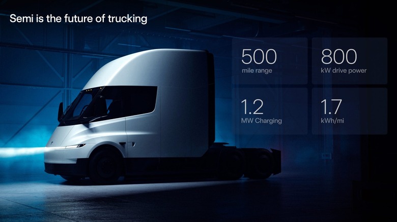 a slide from the Tesla Shareholder Meeting presentation showing a redesigned white Semi Truck with its stats on the page