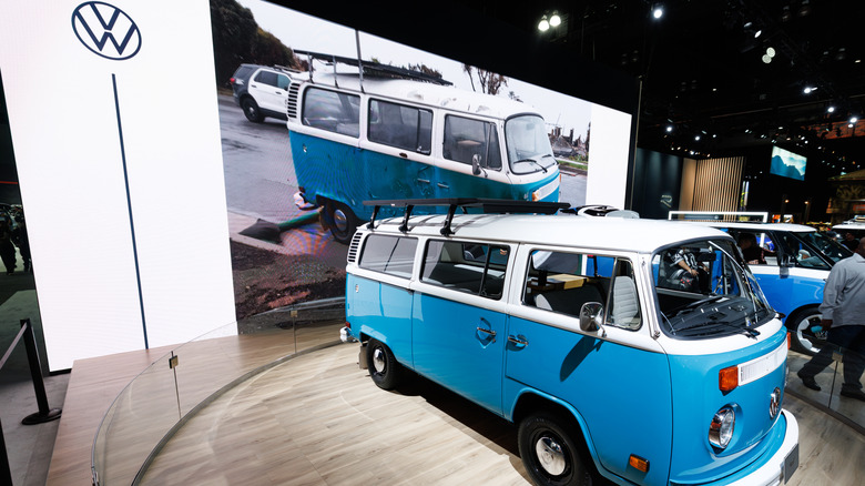 A restored VW microbus is displayed at the LA Auto Show.