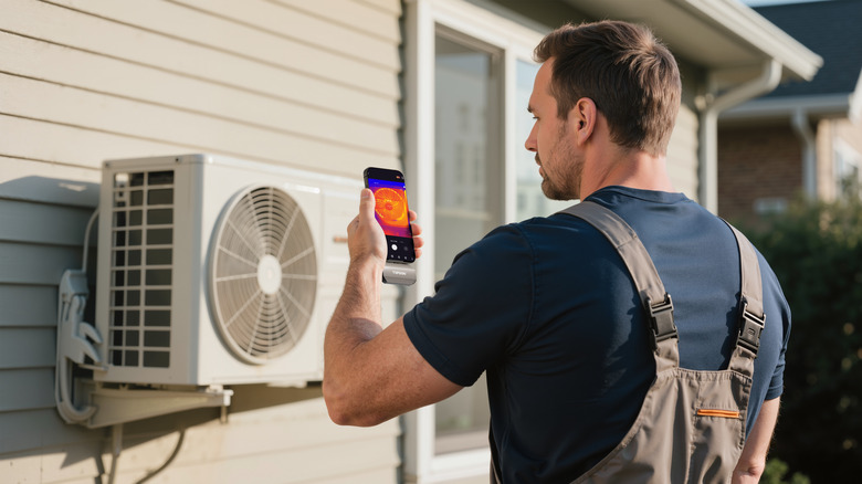 A man uses the TOPDON TC002C Duo to analyze an HVAC system