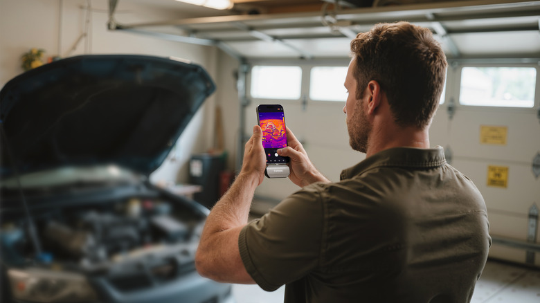 A man uses the TOPDON TC002C Duo to diagnose a car engine