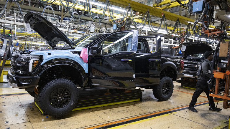 The new Ford F-150 truck goes through the assembly line at the Ford Dearborn Plant on April 11, 2024 in Dearborn, Michigan.