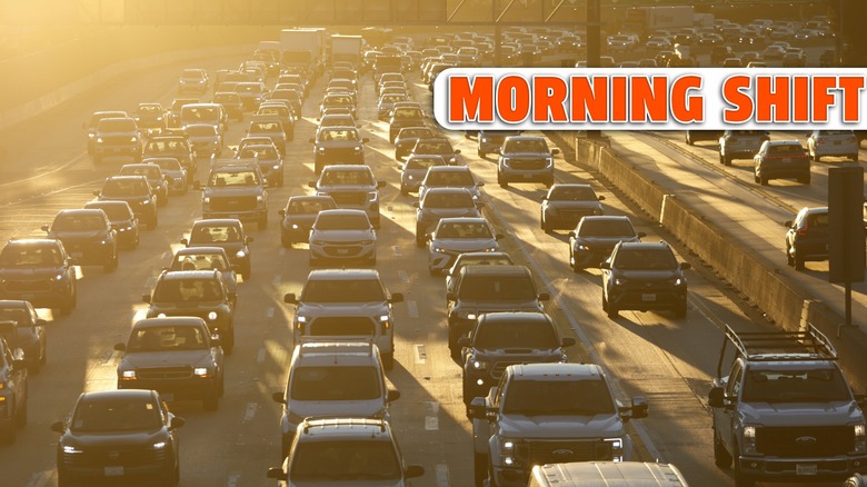 Traffic backs up on northbound Interstate 405 during the morning commute at sunrise on January 15, 2026 in Los Angeles, California.