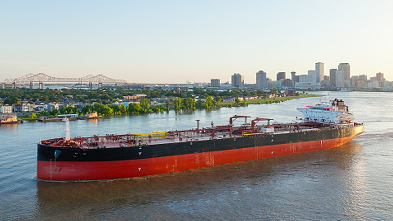 An oil tanker sailing by Louisiana ports. The state is home to two of the US's underground crude oil storage tanks.