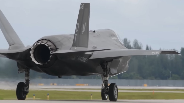 An F-35 on a runway preparing to take off