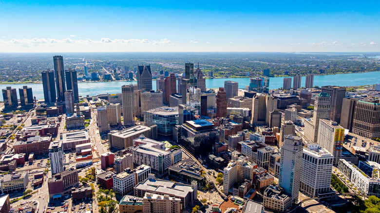 The Detroit skyline on a sunny day.